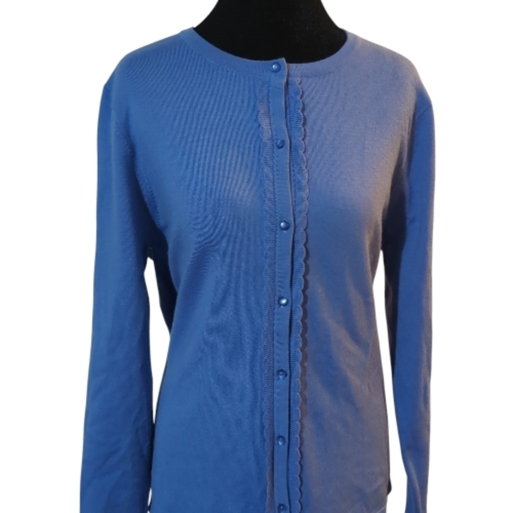 Lands' End Large Soft Blue Cardigan Scallop Placket Soft Girl Old Money Coquette